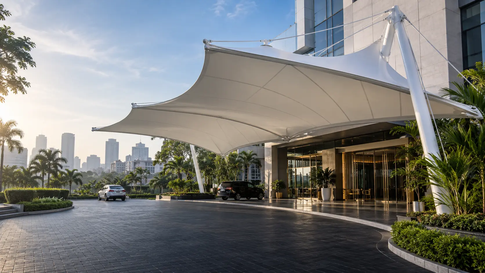 Ilustrasi canopy membrane untuk drop-off gedung komersial