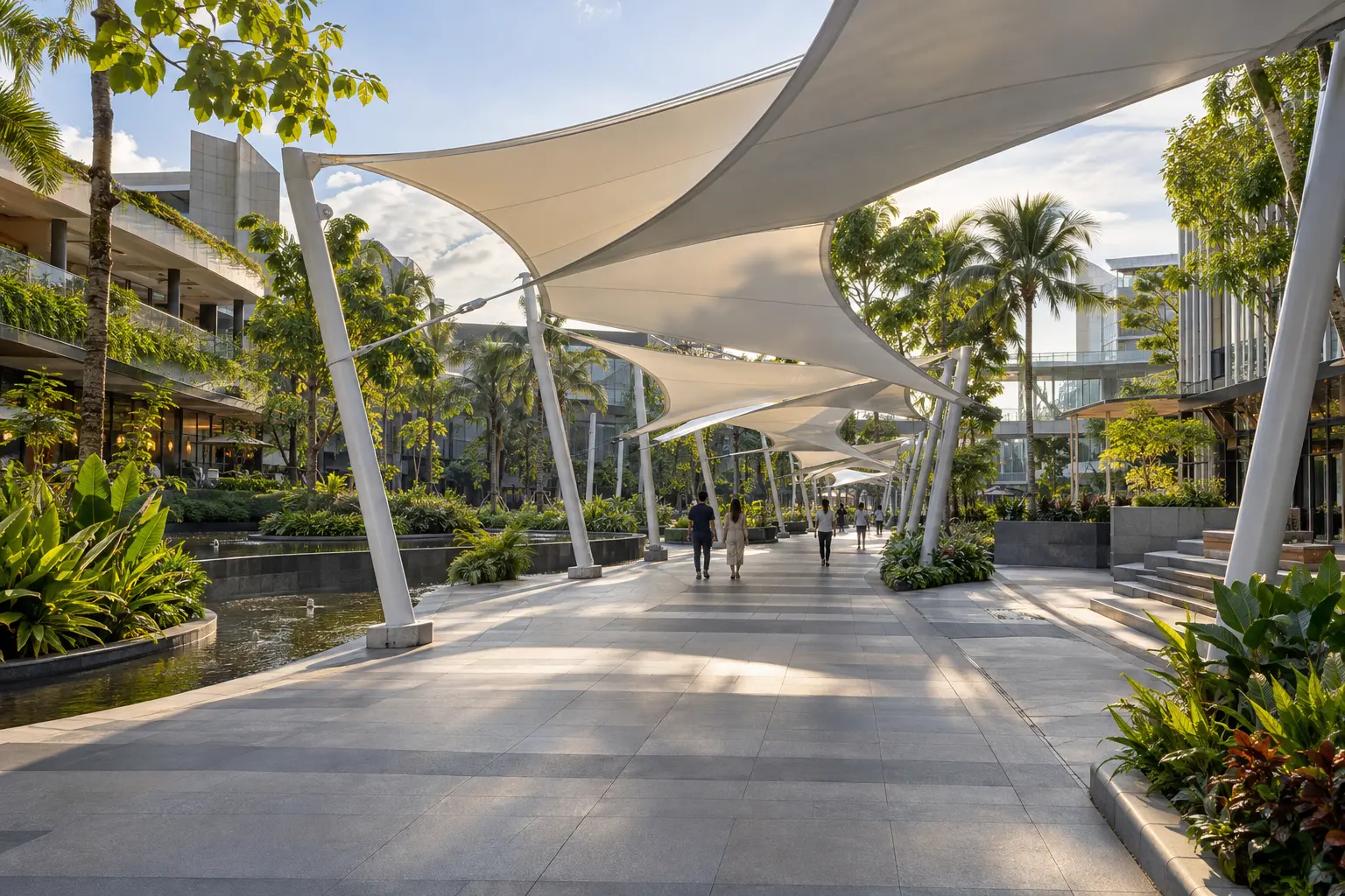 Ilustrasi koridor pejalan kaki dengan canopy membrane modular