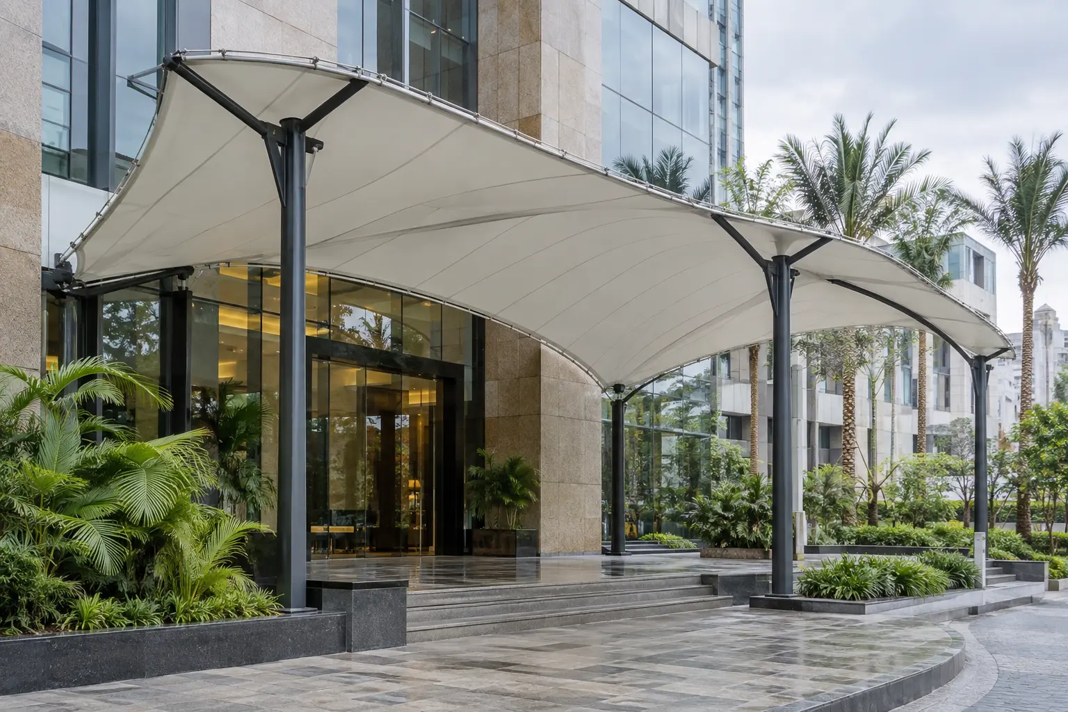 Ilustrasi canopy membrane pada pintu masuk hotel atau kantor